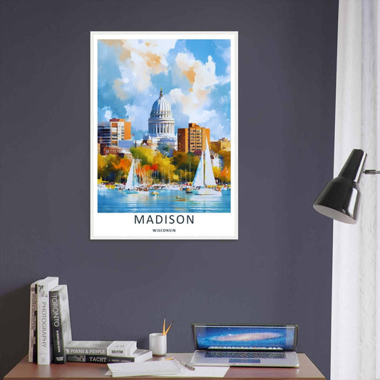Madison Wisconsin Capitol Skyline Watercolor Art | Retro Lake Poster