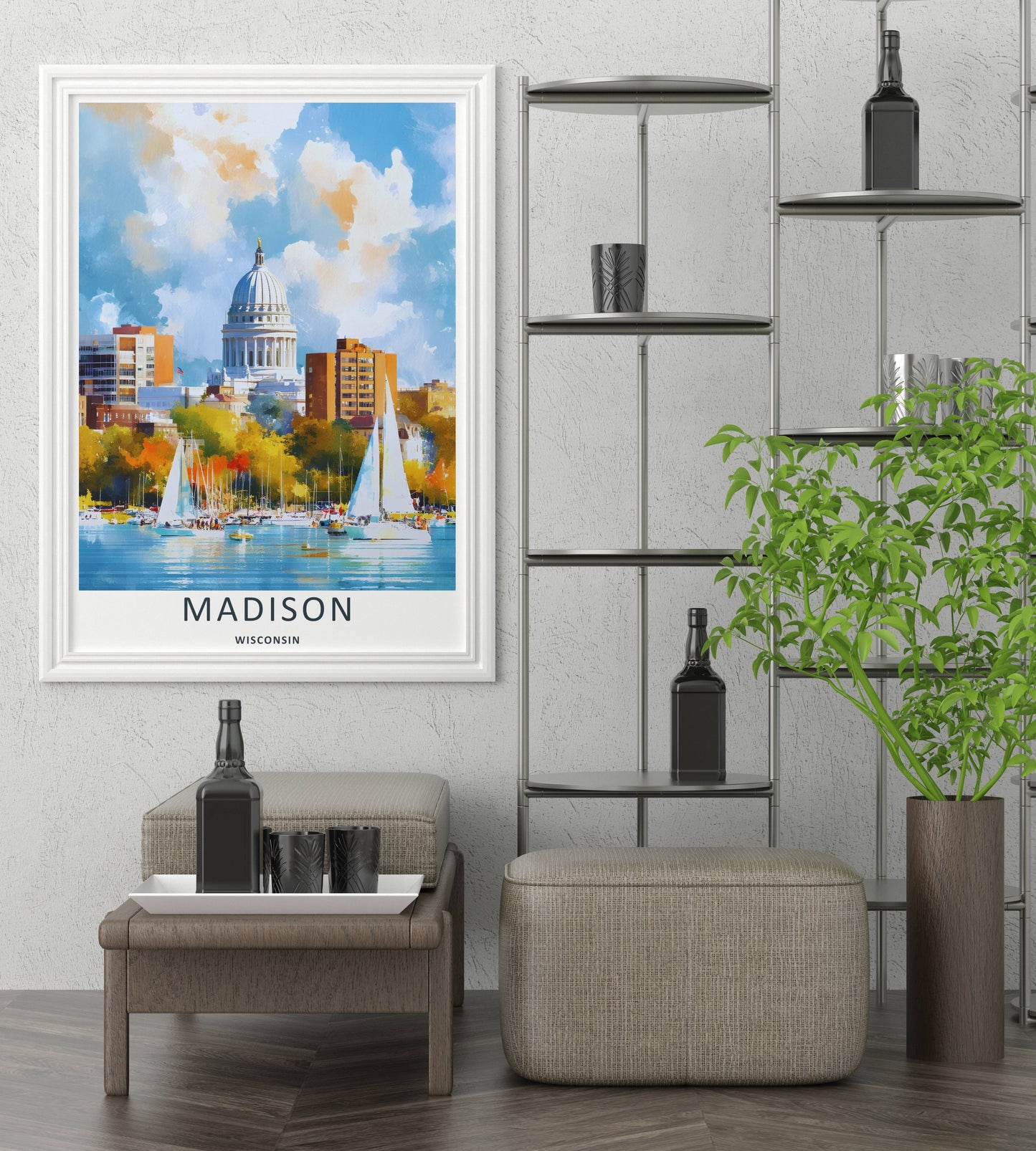 Madison Wisconsin Capitol Skyline Watercolor Art | Retro Lake Poster