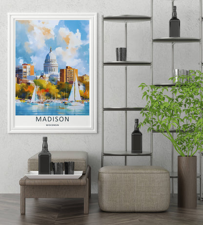 Madison Wisconsin Capitol Skyline Watercolor Art | Retro Lake Poster