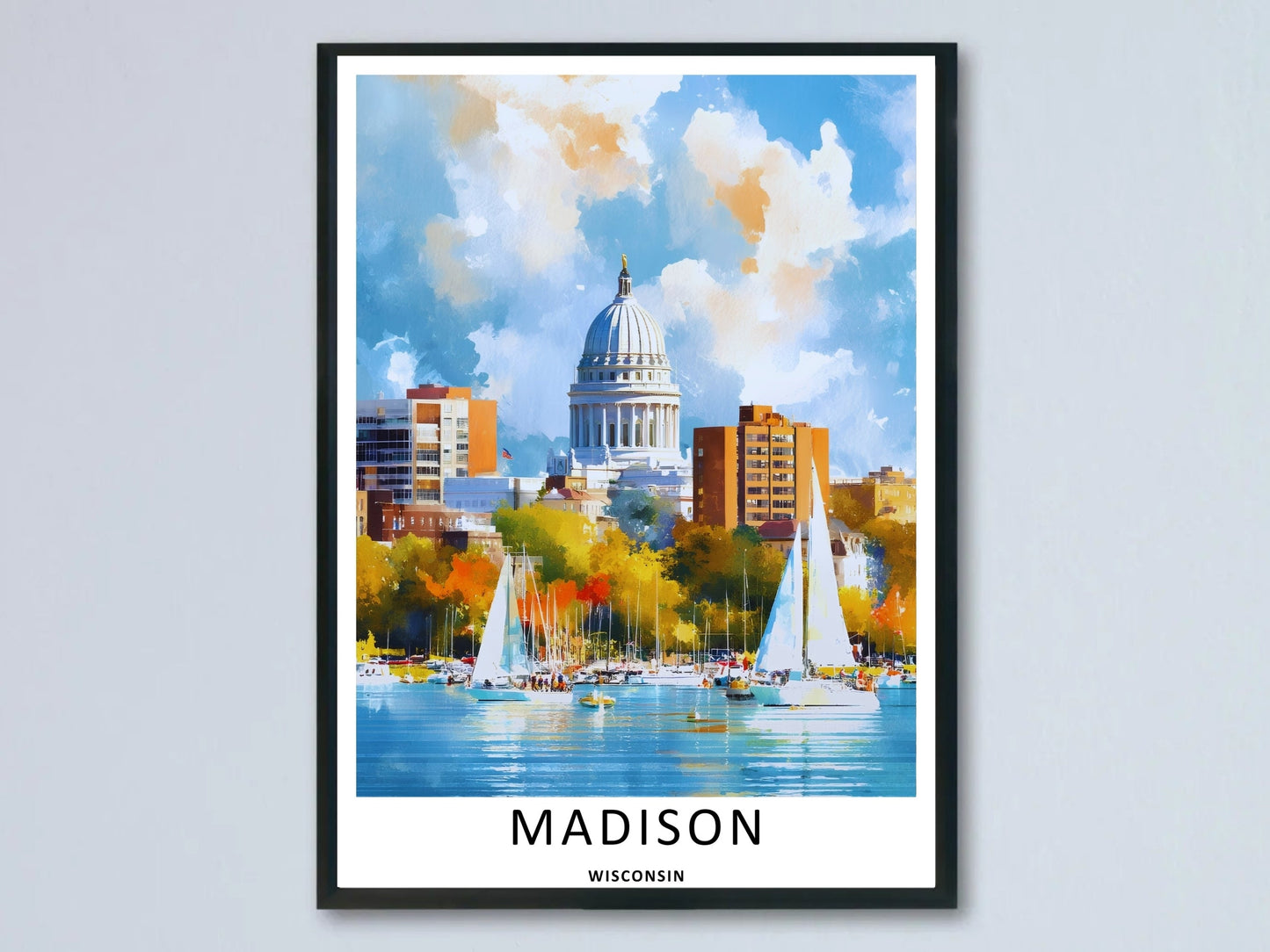 Madison Wisconsin Capitol Skyline Watercolor Art | Retro Lake Poster