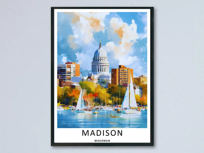 Madison Wisconsin Capitol Skyline Watercolor Art | Retro Lake Poster