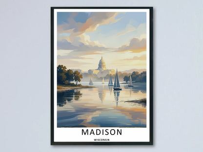 Madison Wisconsin Capitol Sailboat Lake Art | Retro Sunset Travel Poster