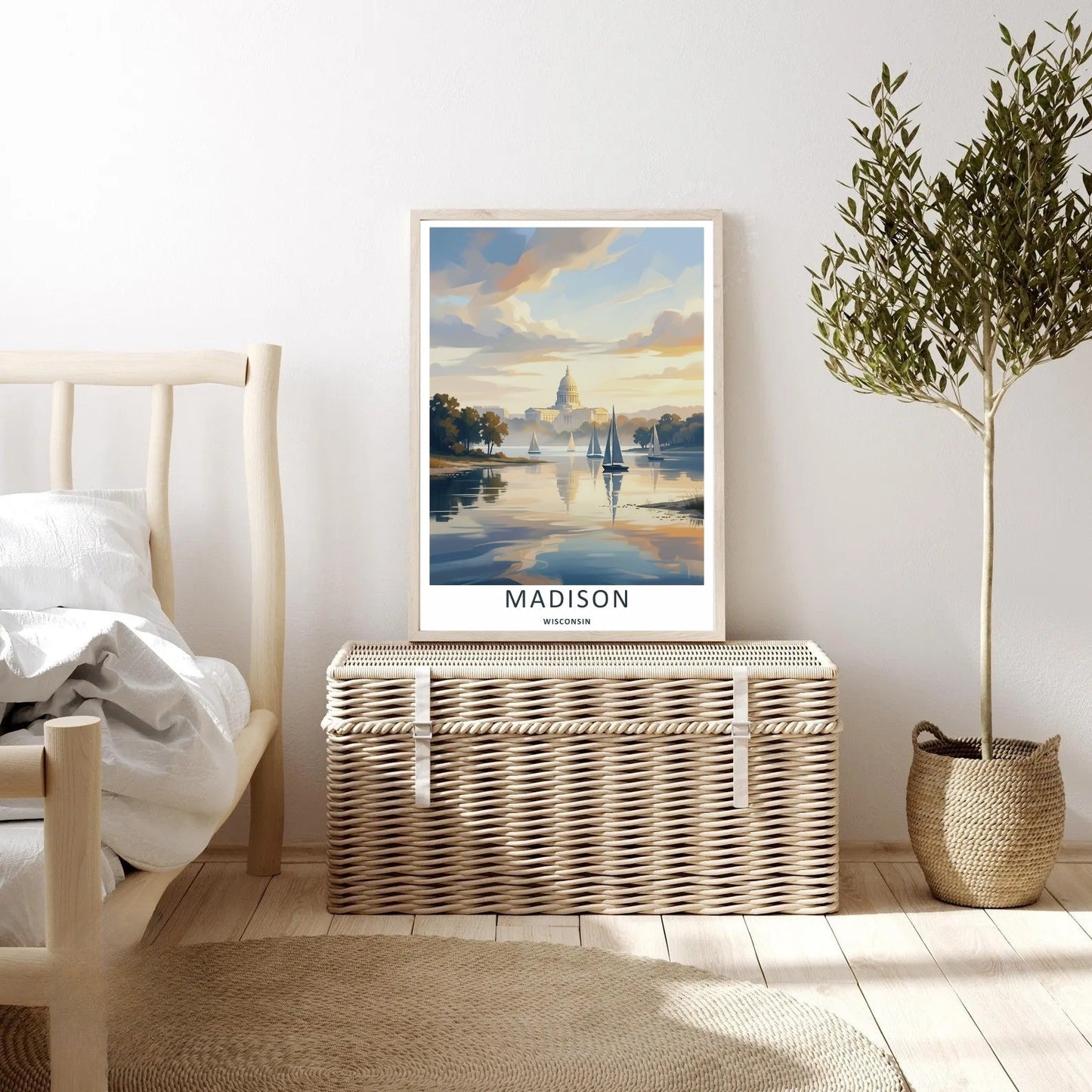 Madison Wisconsin Capitol Sailboat Lake Art | Retro Sunset Travel Poster