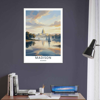 Madison Wisconsin Capitol Sailboat Lake Art | Retro Sunset Travel Poster