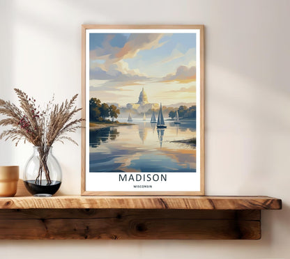 Madison Wisconsin Capitol Sailboat Lake Art | Retro Sunset Travel Poster