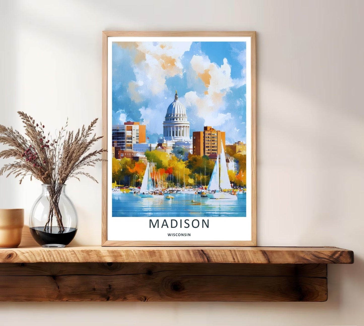 Madison Wisconsin Capitol Skyline Watercolor Art | Retro Lake Poster