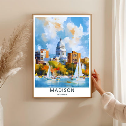 Madison Wisconsin Capitol Skyline Watercolor Art | Retro Lake Poster