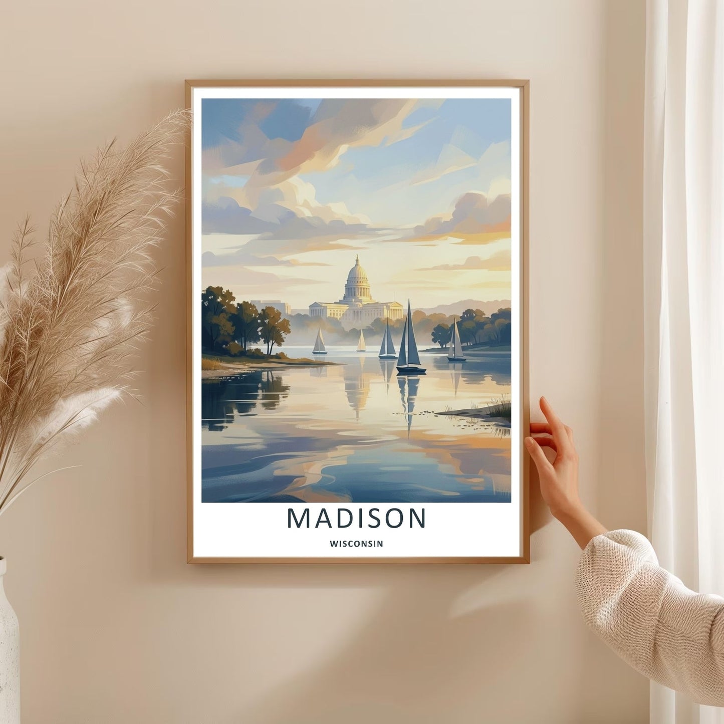 Madison Wisconsin Capitol Sailboat Lake Art | Retro Sunset Travel Poster