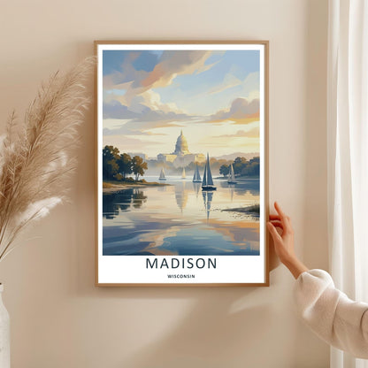 Madison Wisconsin Capitol Sailboat Lake Art | Retro Sunset Travel Poster